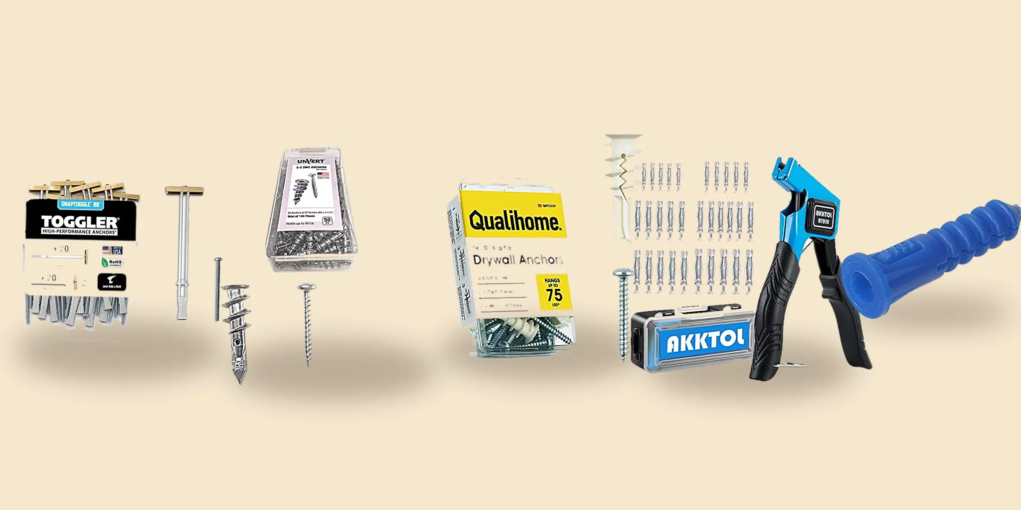 The five best drywall anchors: TOGGLER Snaptoggle, E-Z Ancor, Qualihome, AKKTOL molly bolts and Hillman