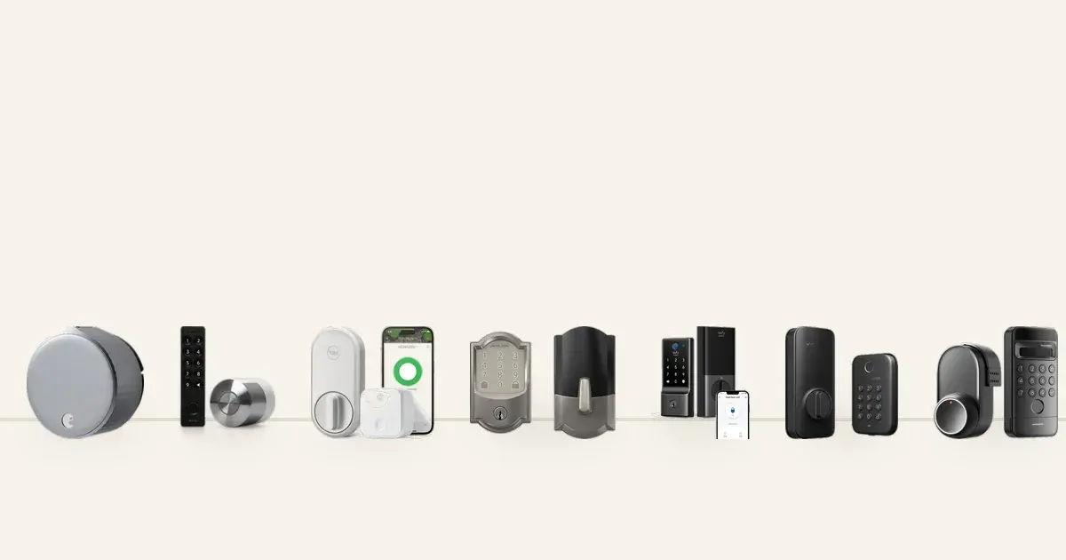 Eight no drill smart locks for renters lined up: August Wi-Fi 4th Gen, Nuki deadbolt, Yale Approach, Schlage Encode, eufy C220, Wyze Auto-Lock Bolt, SwitchBot Lock Ultra, and Lockly Secure Pro