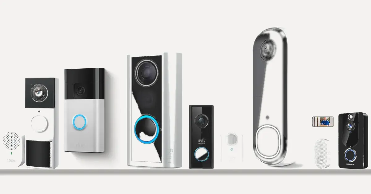 Six no-drill video doorbells for renters lined up: Tapo D210 2K, Ring Battery Doorbell, Ring Peephole Cam 2K, eufy Security Video Doorbell C210, Arlo Video Doorbell 2K 2nd Gen, and KAMEP 2K doorbell